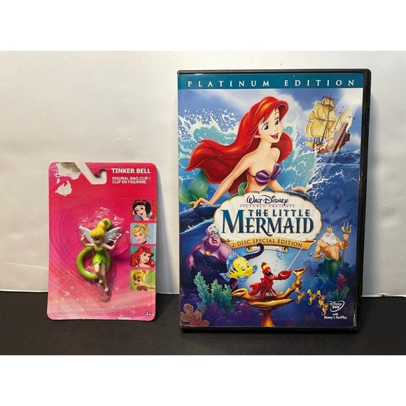 Disney Other - Disney Tinker Bell Figure Bag Clip book purses backpacks & Little Mermaid DVD